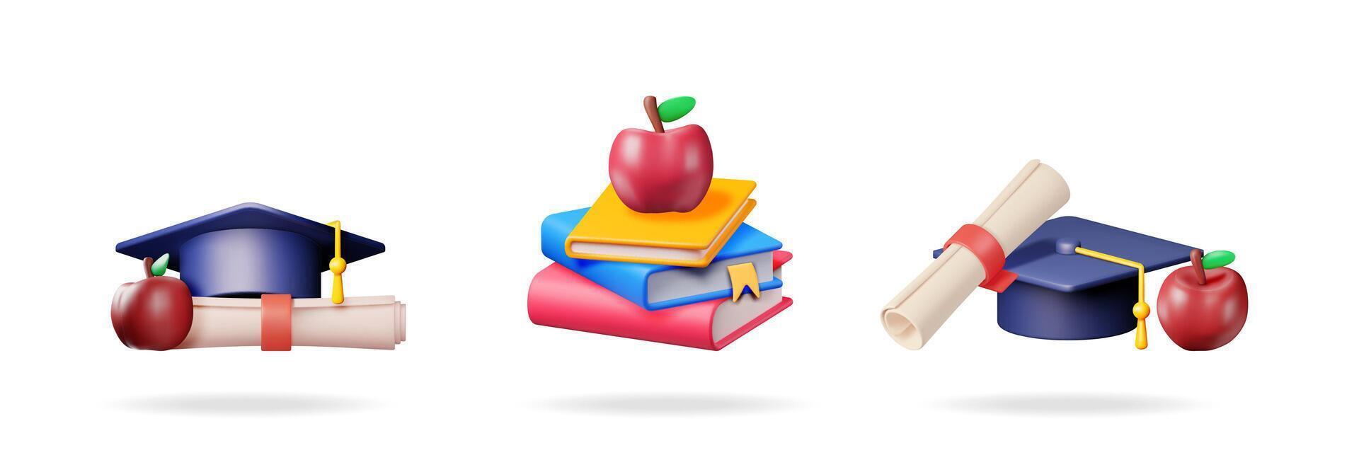 3d illustration set with graduation cap, certificate, stack of books, and apple for education concept. Isolated on white background with shadow. vector