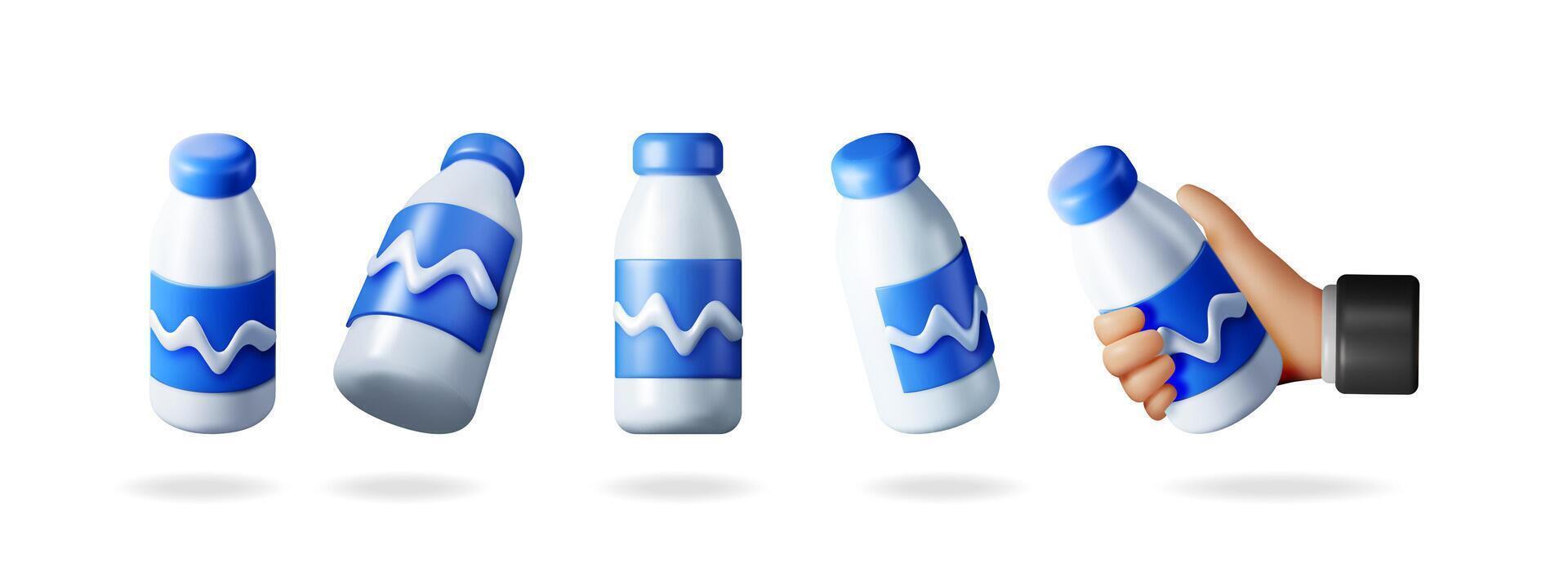 Collection of 3d yogurt bottle icons with man hand holding one. Minimalist render with milk product packaging concept for dairy food. vector
