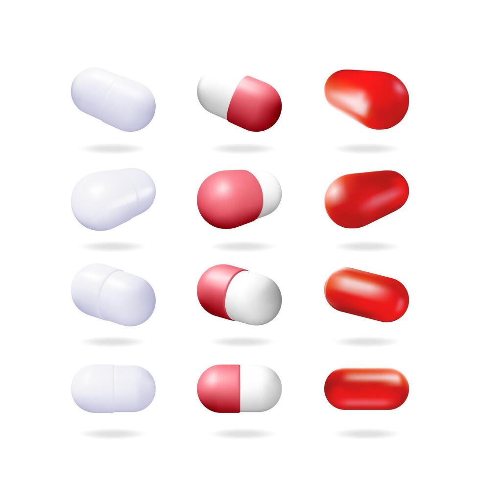 3d medical capsule set. collection of isolated medication pills and drugs. vitamins, antibiotic, painkiller tablet. vector