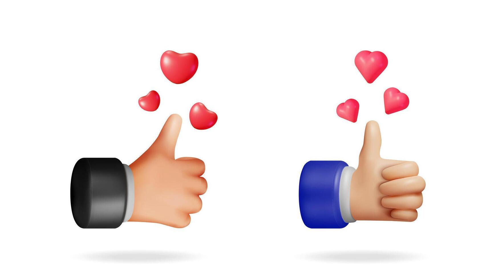 Two 3D illustration hand gestures, one in a black sleeve, one in a blue sleeve, showing a thumbs up with floating red hearts, symbolizing social media like or love. vector