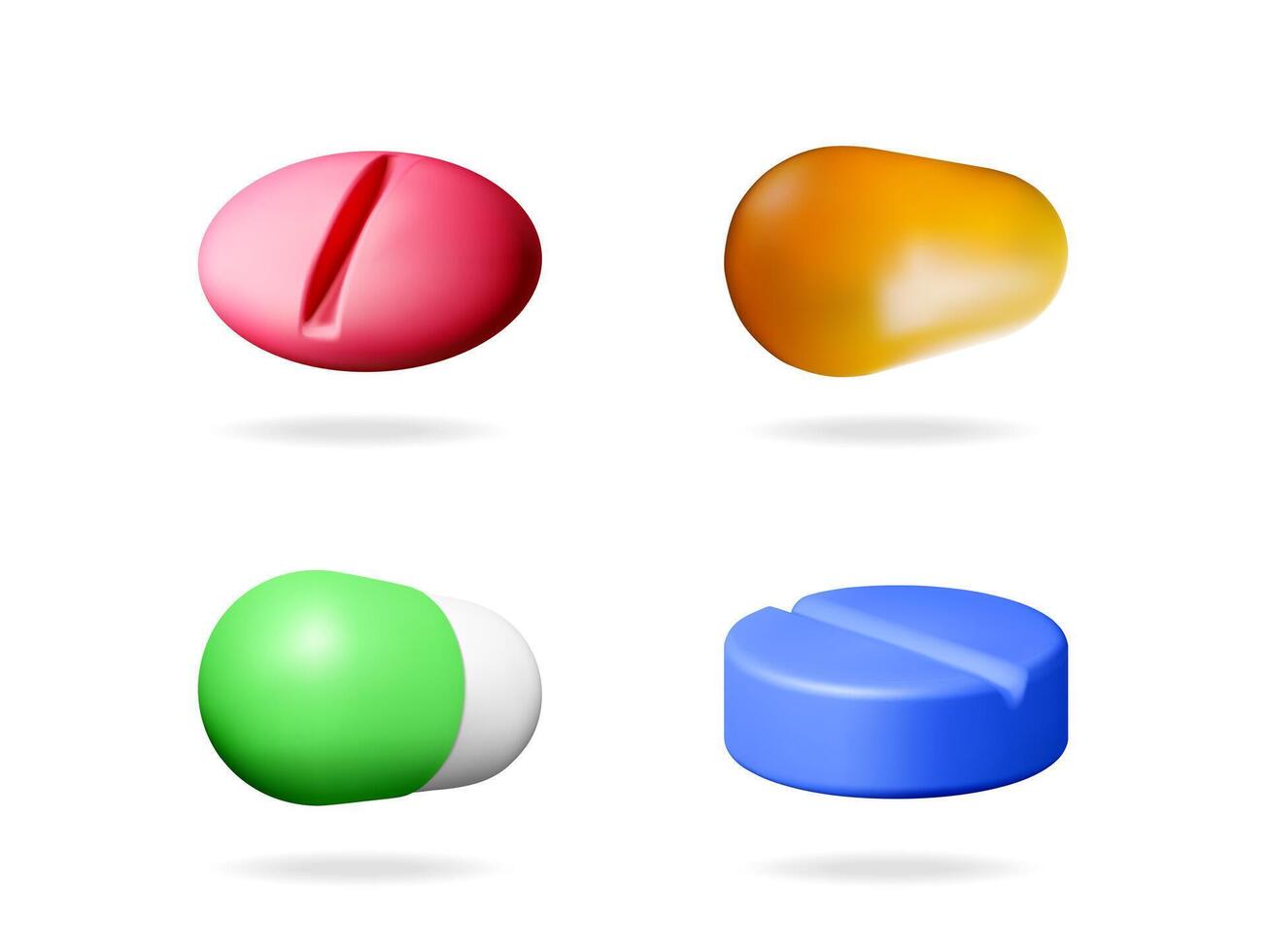 Medical 3D illustration concept. Set of various colorful pills and capsules for pharmaceutical and healthcare industry. vector