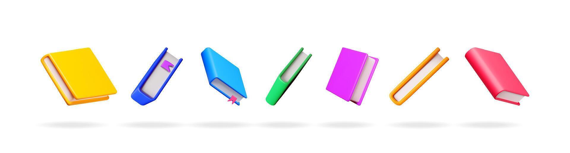 Colorful 3d books floating. Stack of education book set. School reading content, library, dictionary, textbook concept. vector