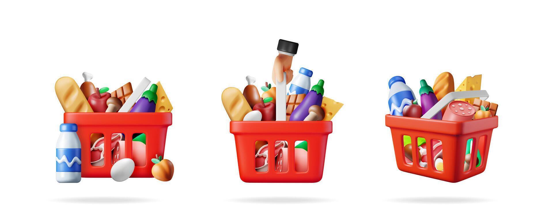 Set of three full red shopping baskets with different grocery food items. Fresh produce, dairy, meat and baked goods for supermarket concept. vector