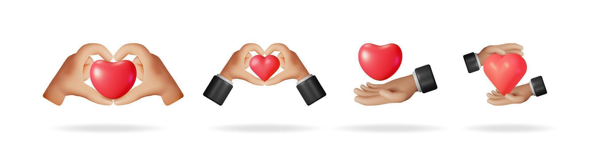 Human hands showing heart gesture and holding red heart. Love, care, health, and social support concept. Valentines Day and wedding day. vector