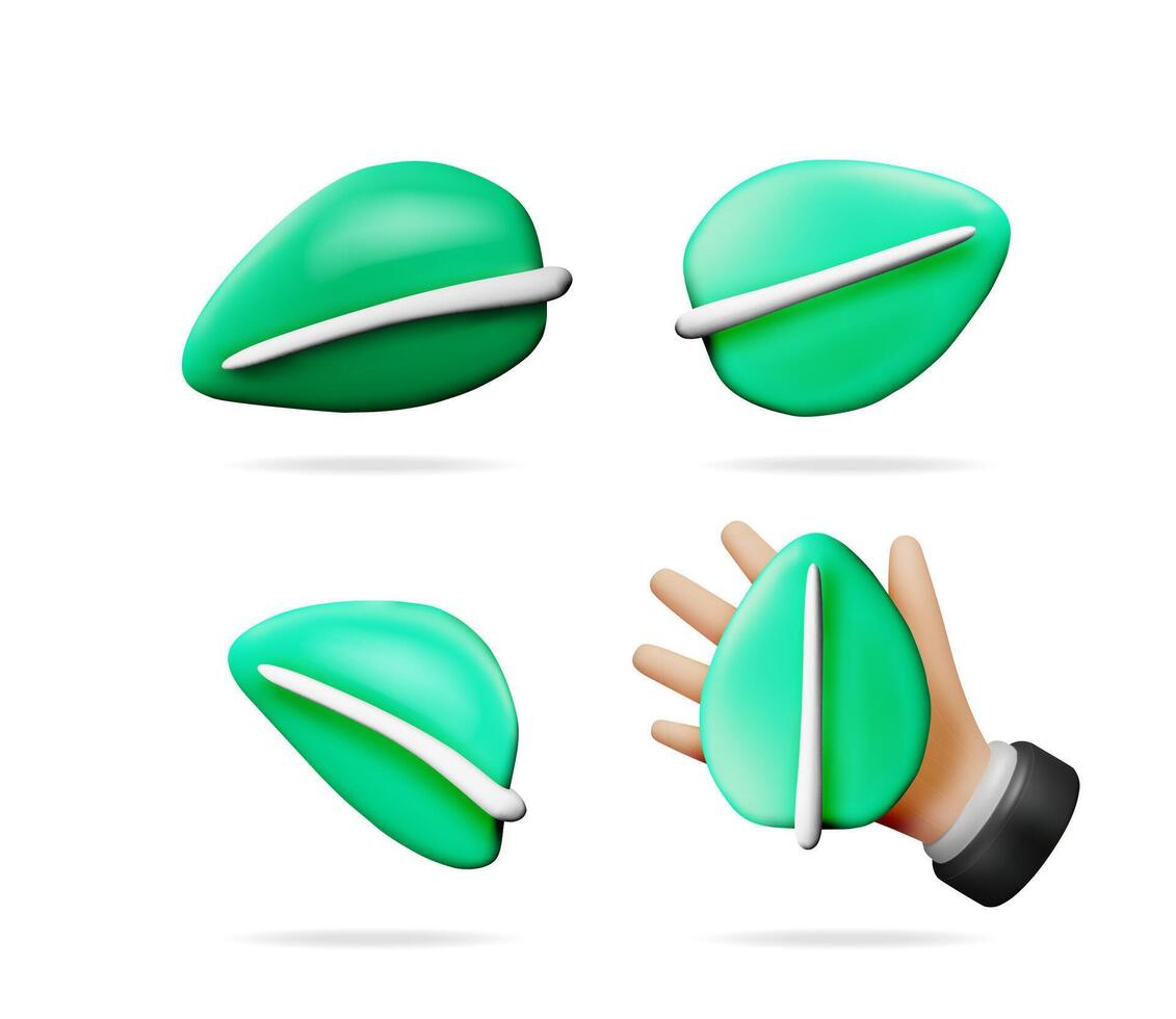 Collection of 3d stylized green leaves in various angles, with one held by a hand. Nature, plant, and ecology concept for earth day. vector