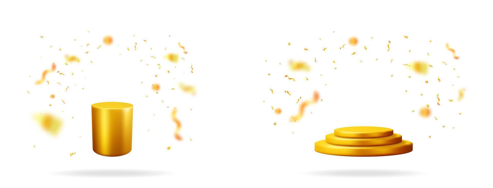 Golden 3d podium with scattered confetti. Gold cylinder pedestal with shiny particles. Realistic award stage for product display winner's promotion. vector