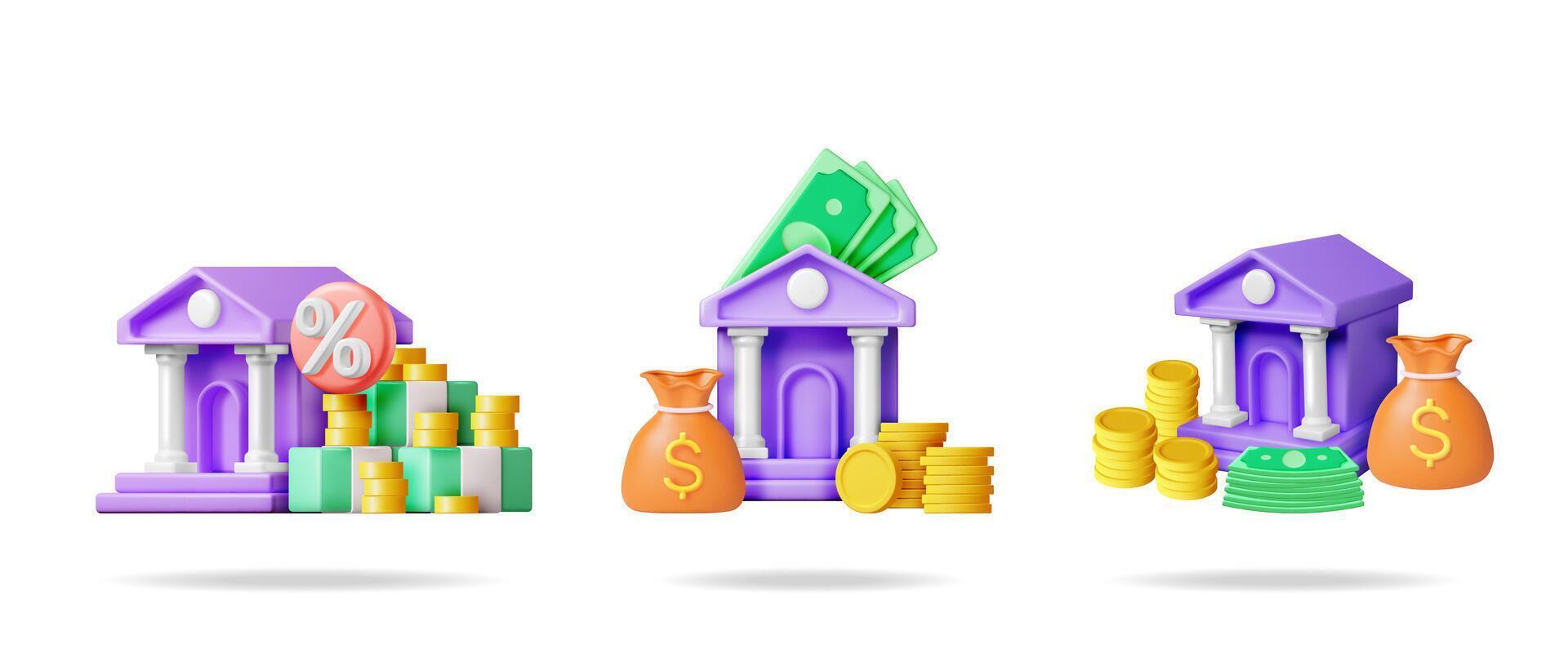 3d illustration set, a collection of bank building concepts with money, coins, and a percentage sign for financial icons. vector