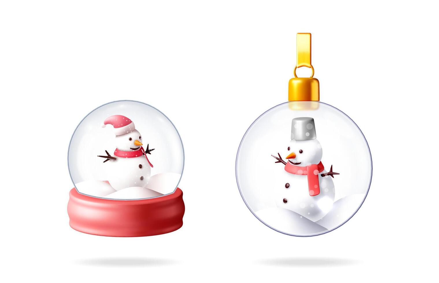Christmas snow globe with snowman and shiny bauble. New year 3d illustration icon set. Holiday winter season web design element. vector