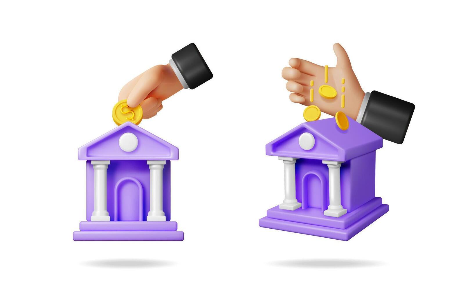 Two purple bank buildings with a hand putting a coin in one and coins pouring out of the other. Money transaction and financial concept. vector