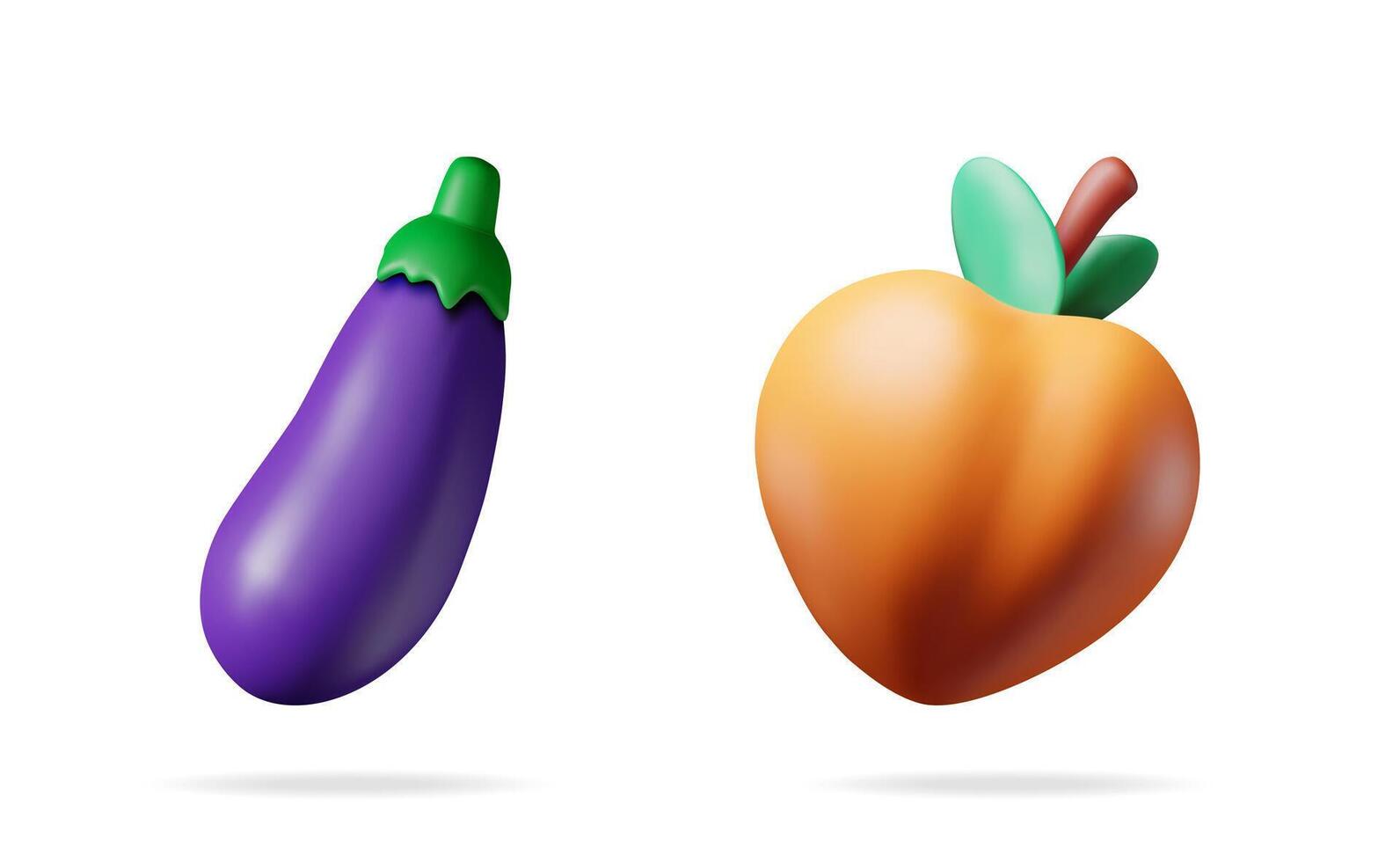3d illustration of an eggplant and a peach. Fresh and vibrant fruit and vegetable concept. Healthy food icon for diet and nutrition design element. vector
