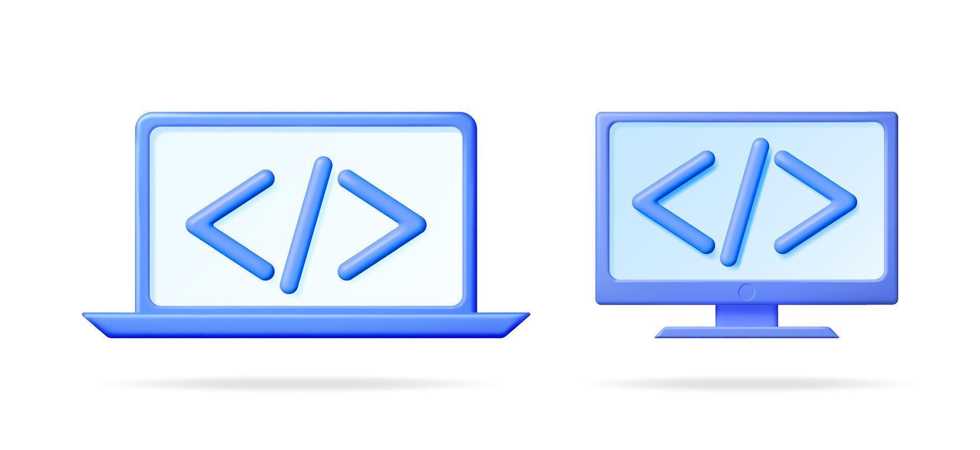 3d set collection of coding symbols on computer screen and laptop. Programming development concept for software product and website. vector