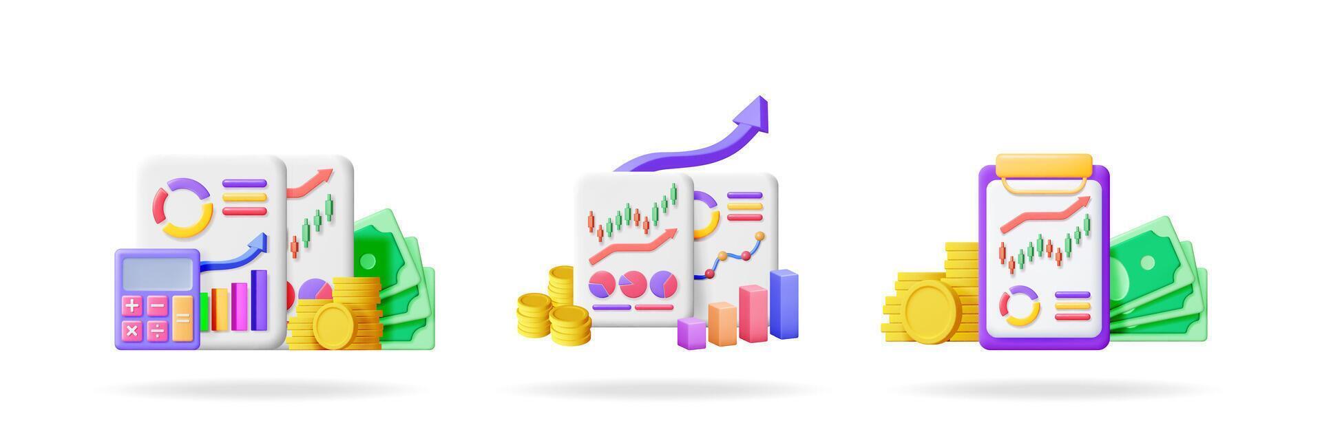 3d set collection of finance and investment analysis documents with charts, graphs, calculator, money, and coins for business success. vector