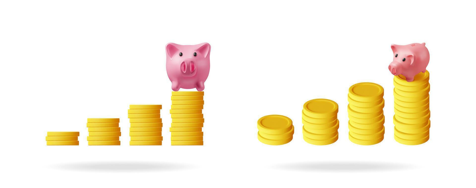 Two illustrations of piggy banks on increasing stacks of gold coins. Saving money, financial growth, and deposit concept. vector