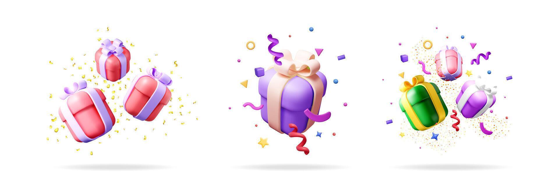 3d illustration set icon of three gift boxes with confetti for birthday celebration, holiday, anniversary or promotion event. vector