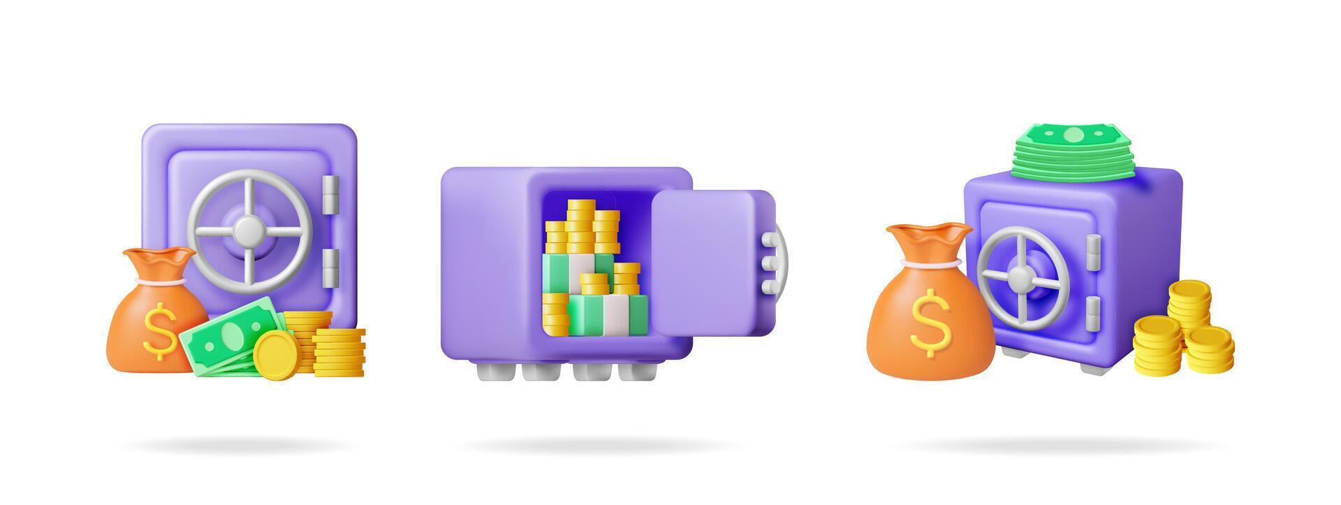 3d illustration set collection of a safe box, money bag, banknote, and coin. Bank finance investment loan deposit protection. vector