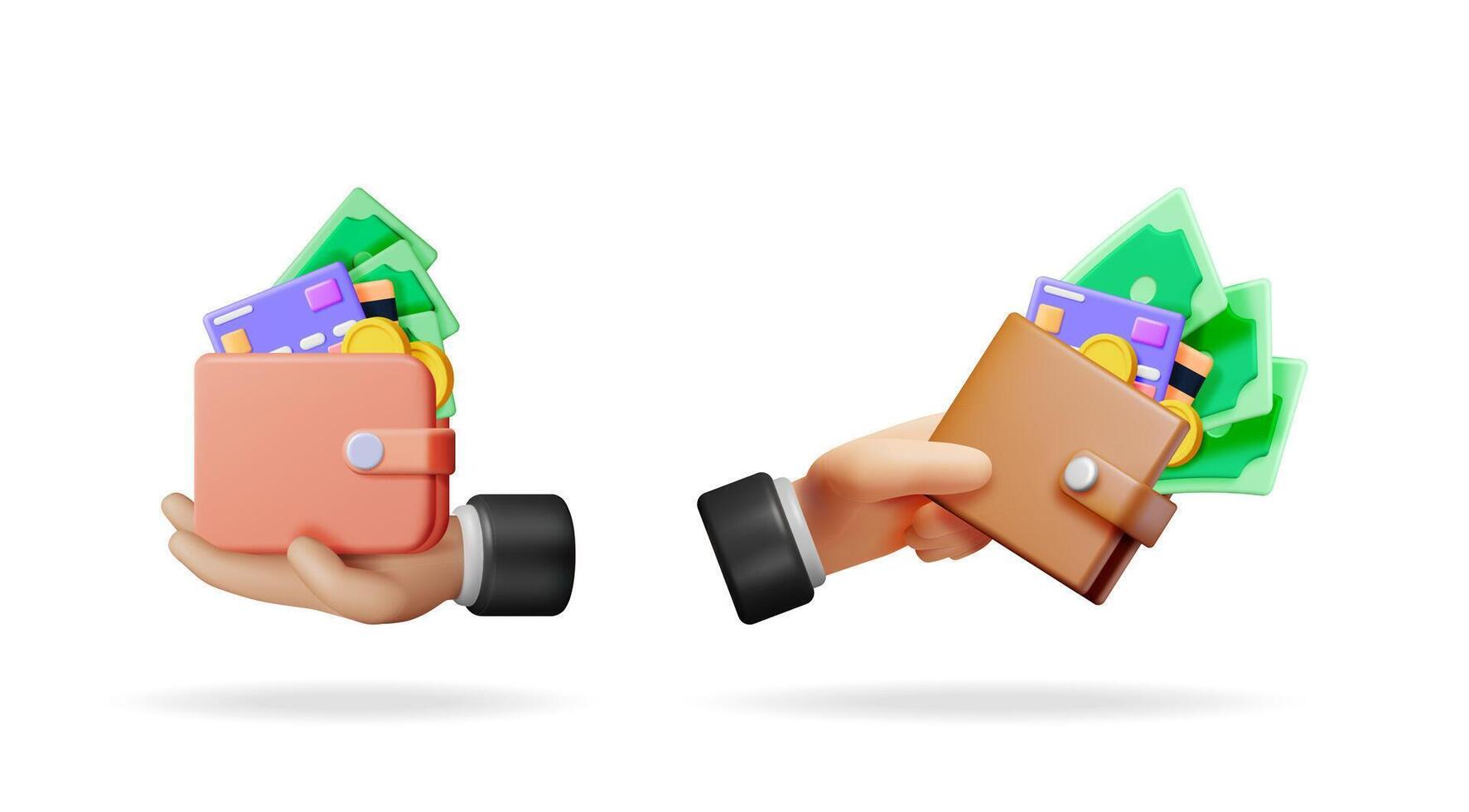 Man and woman hands holding full wallets with money, credit cards, and coins. Financial saving concept with wealth and prosperity. vector