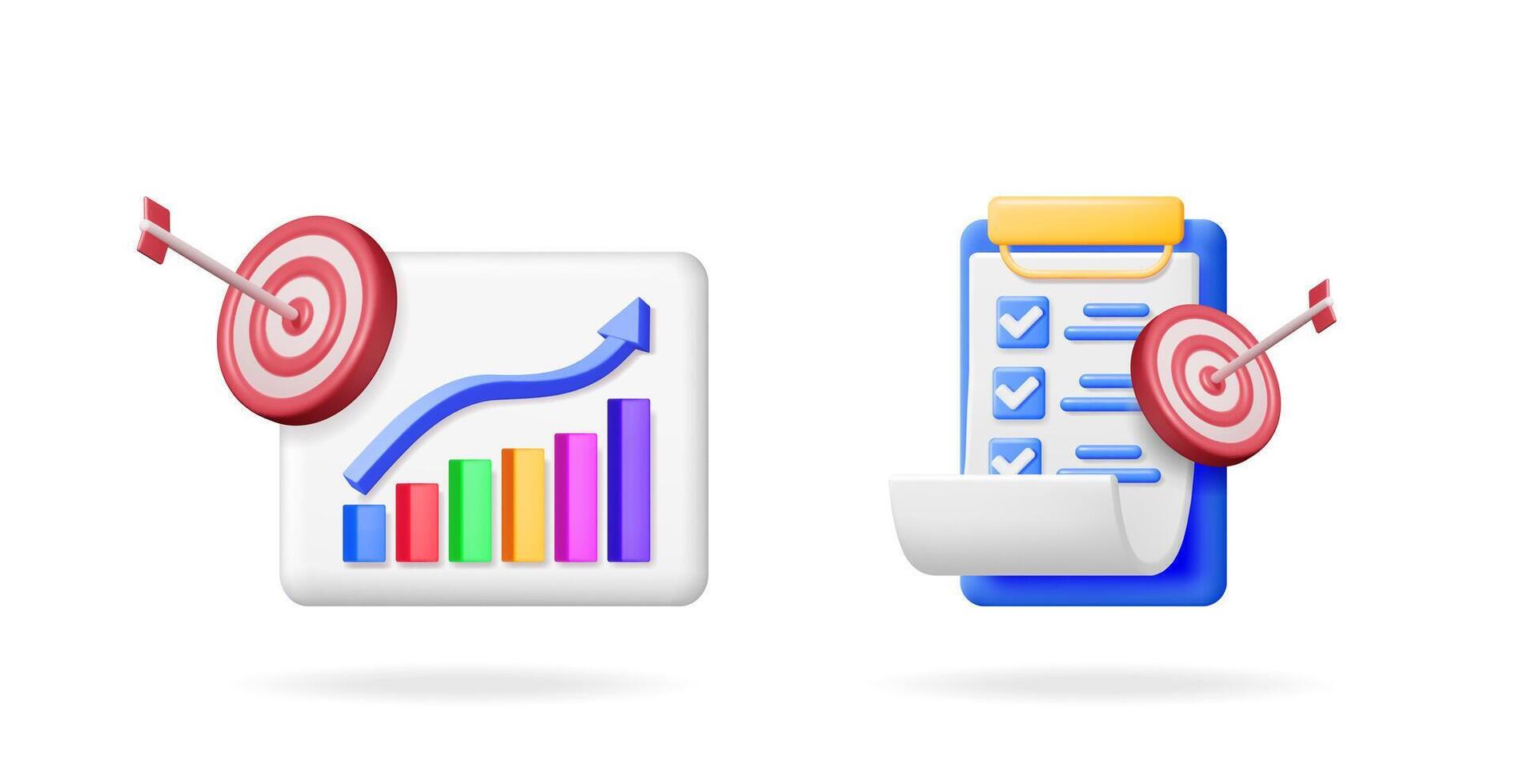 3d set collection with a bar chart, up arrow, and target with an arrow, and a checklist with a target and arrow, for business growth and task management concept. vector