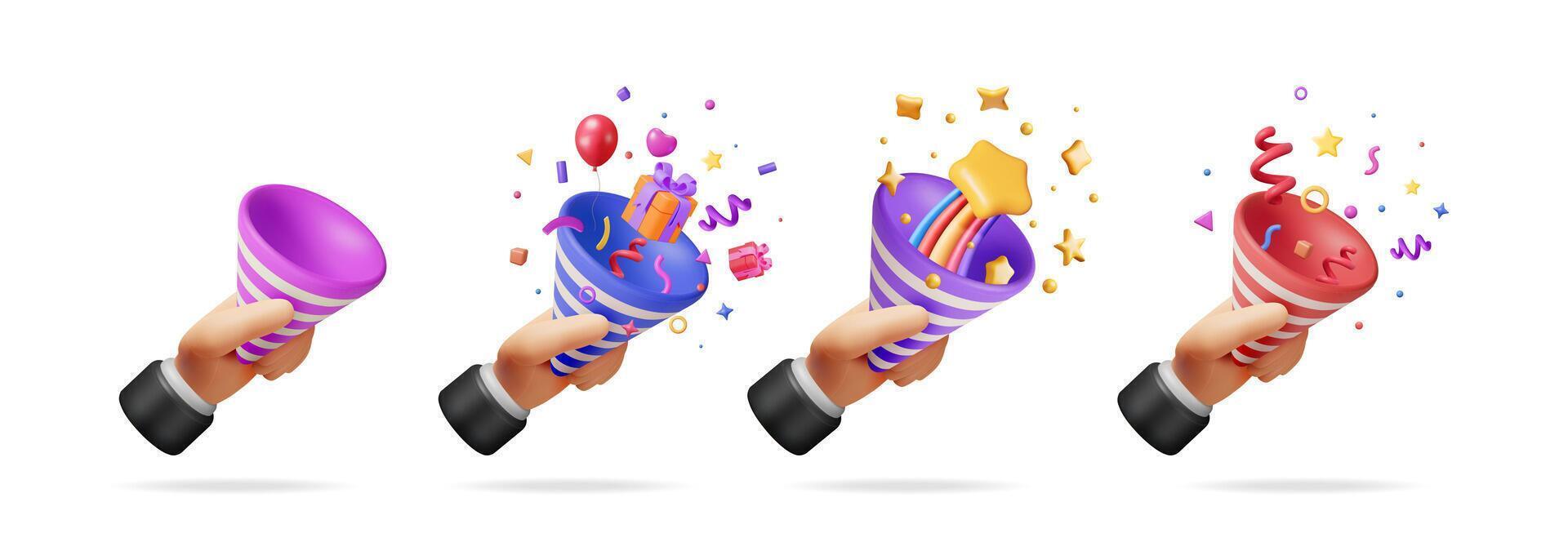 3d of hands holding party poppers with confetti, gift box, stars, and rainbow. Celebration concept for holiday or anniversary card. vector