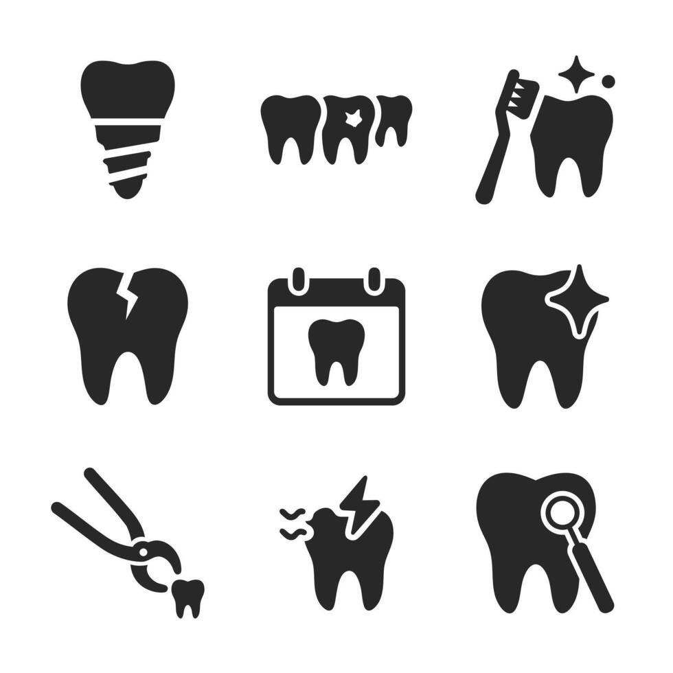 Set of dental problem solid icons including broken tooth, implant, pain, and checkup. vector