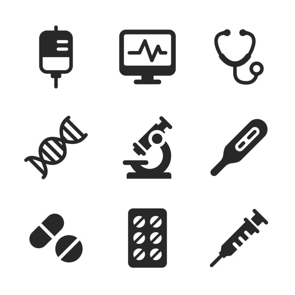 Solid medical icon set for healthcare and diagnostics. vector