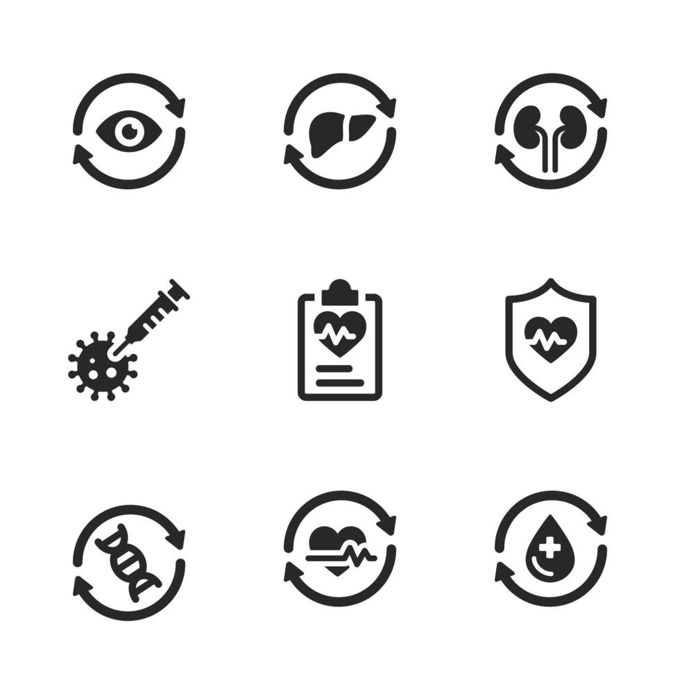 Healthcare donation, transplant, and protection set in medical theme, solid icon. vector