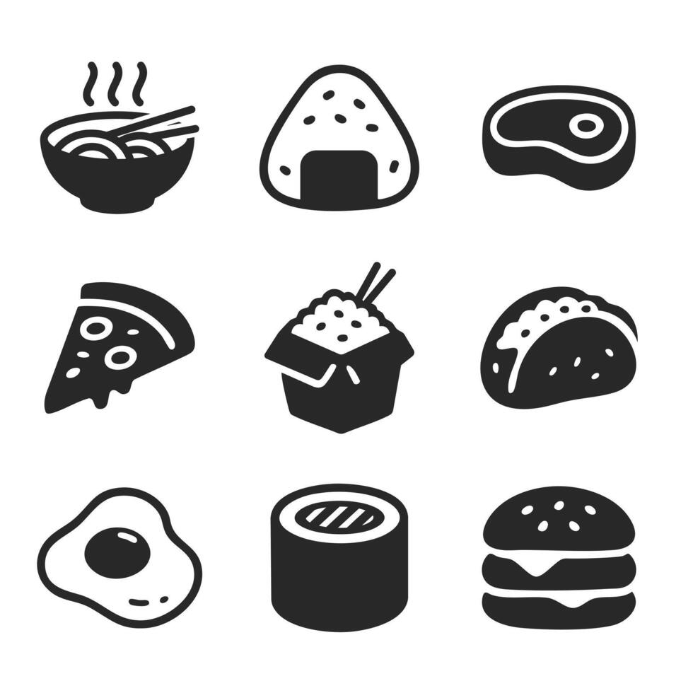Set of solid world food icons including noodle, sushi, taco, and more. vector