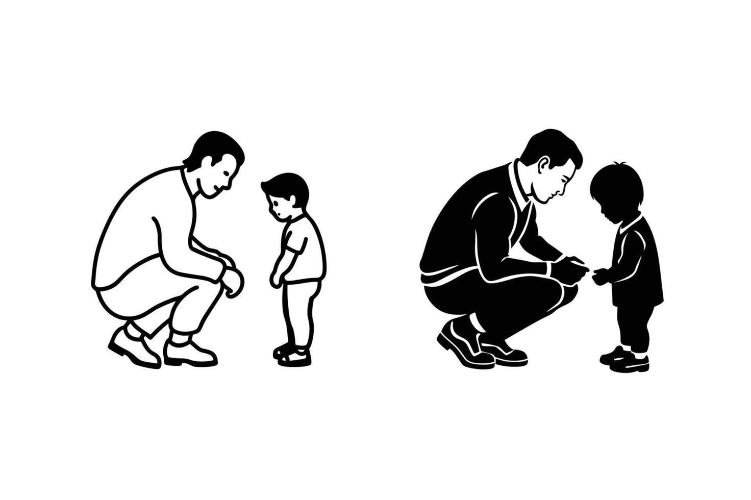Father and son bonding time, black and white illustration vector