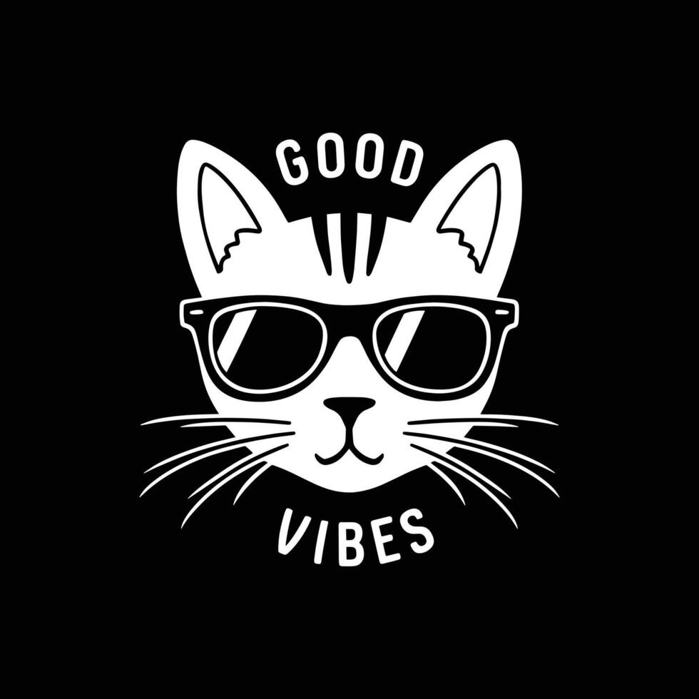 Cute cat wearing sunglasses illustration with the text good vibes. vector