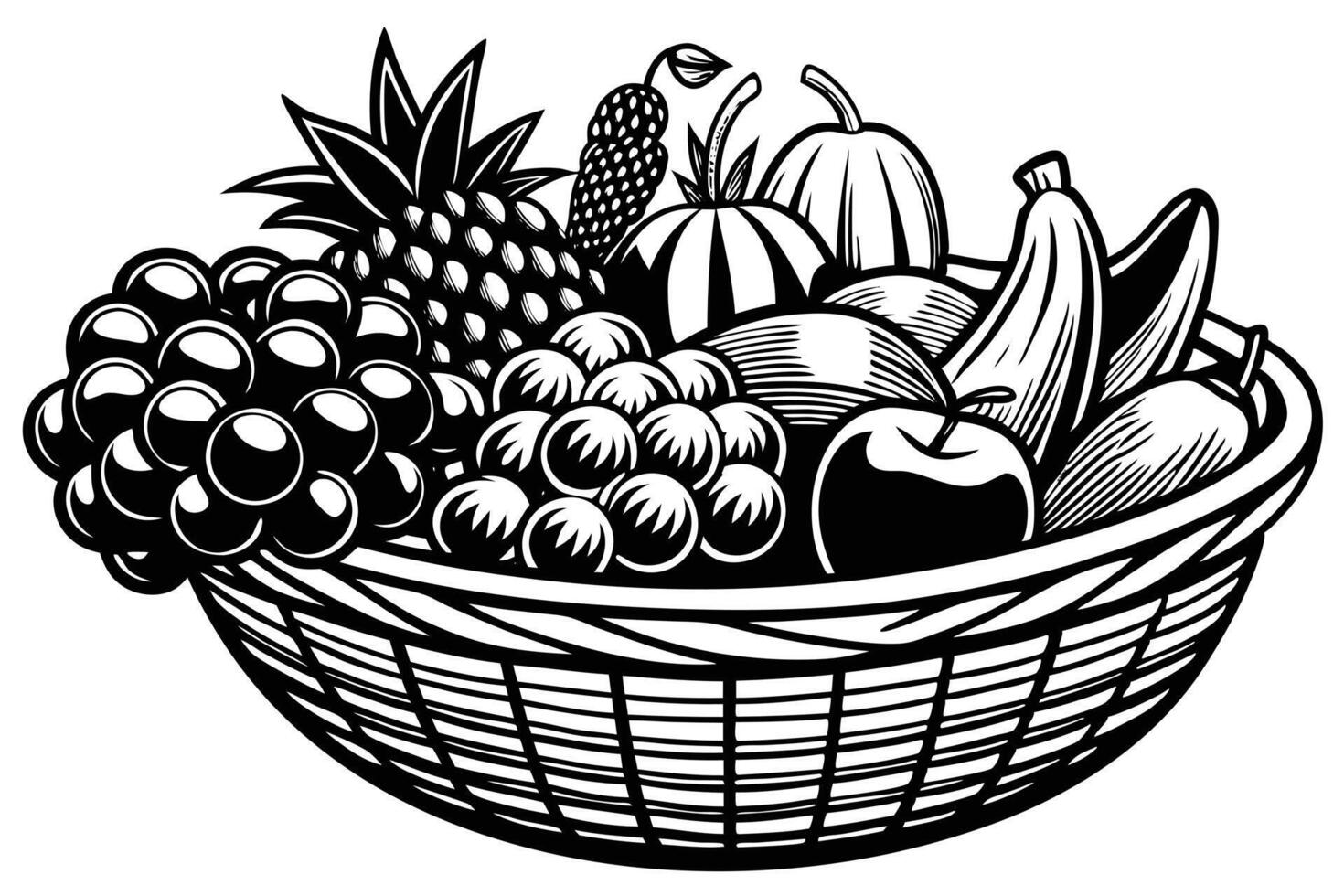 Fruit basket with pineapple, bananas, grapes, and apples isolated on white vector