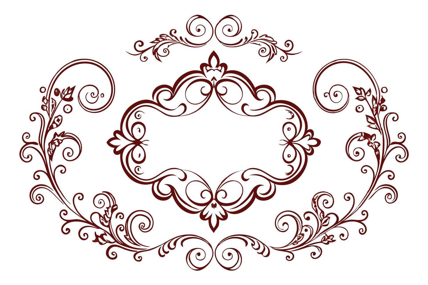 Ornate brown frame and flourish design elements isolated on white background vector