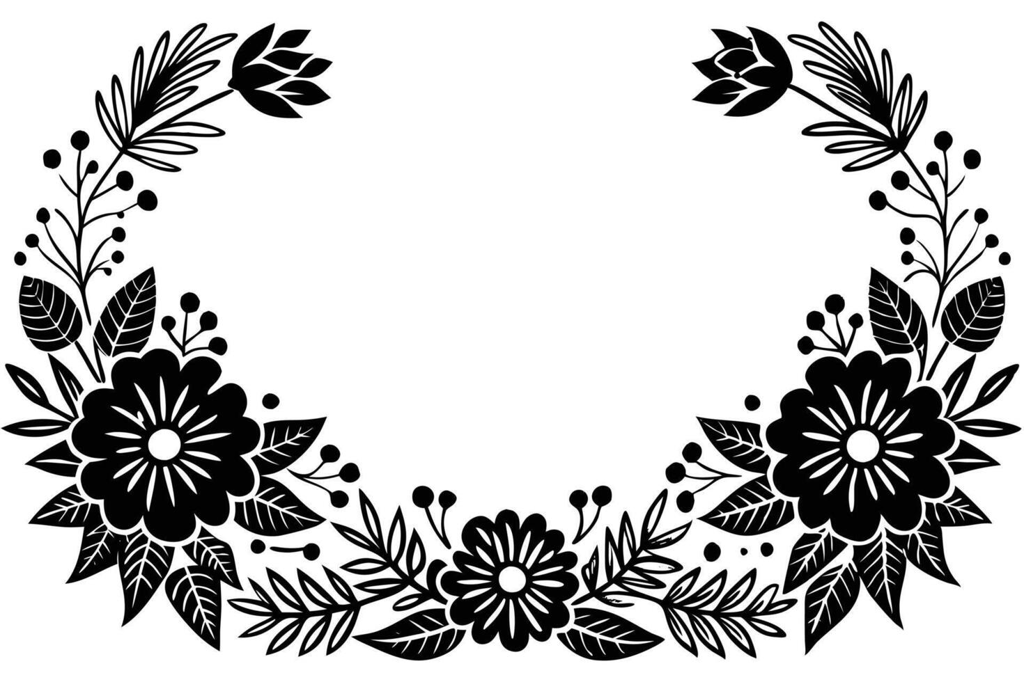 Floral frame with leaves isolated on white background in black and white vector
