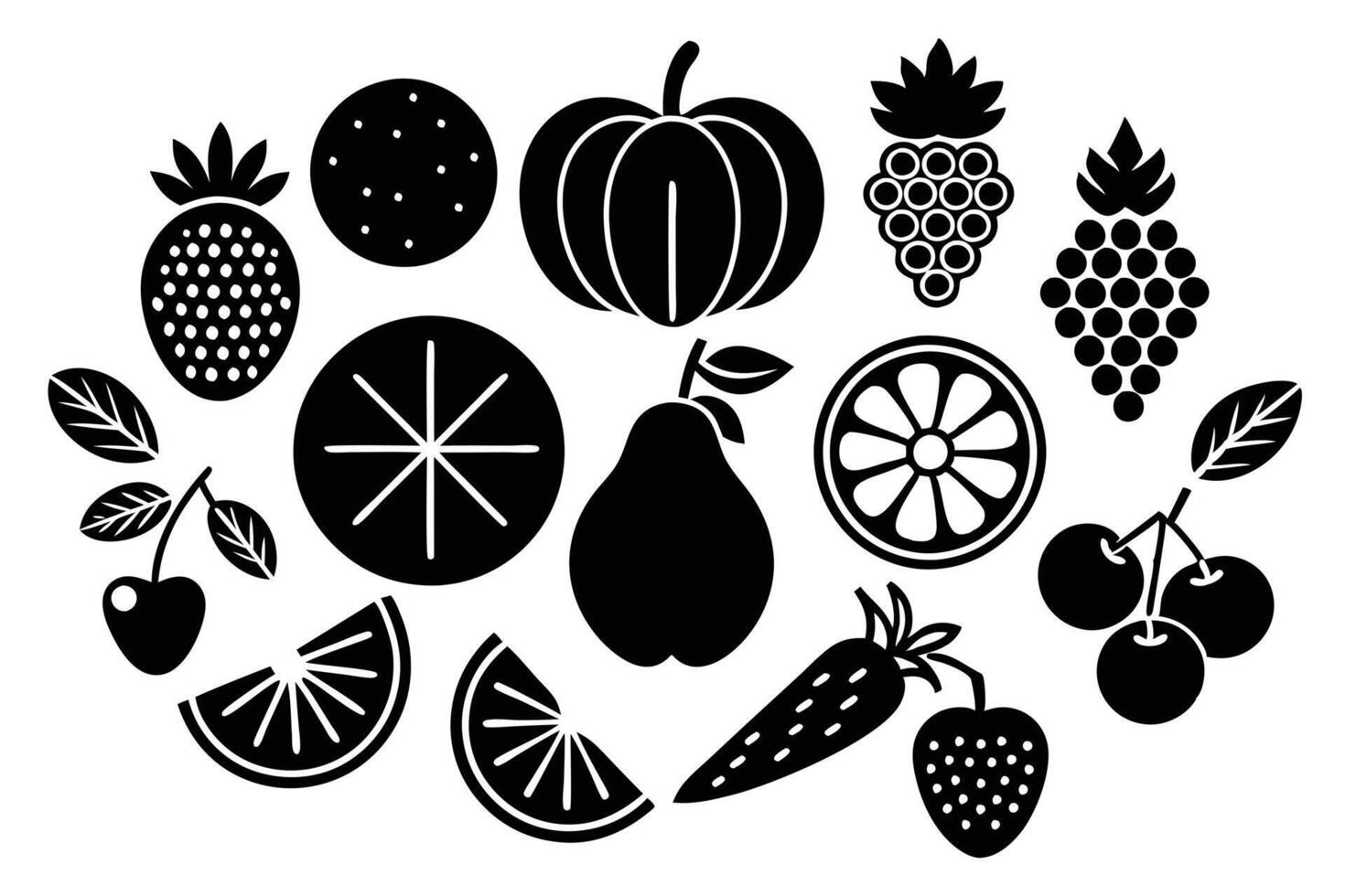 Various fruits and vegetables isolated on white background in black outline vector