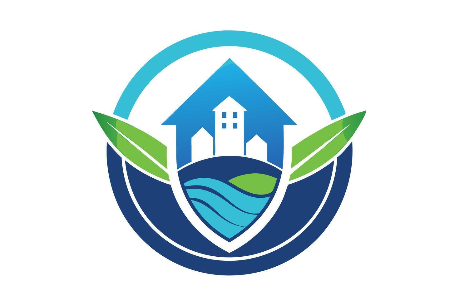 Real estate logo design with house, leaves, and water isolated on white vector