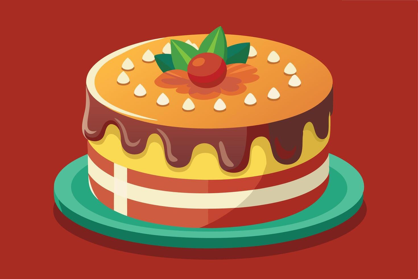 Delicious layered cake with chocolate drizzle and cherry topping illustration vector