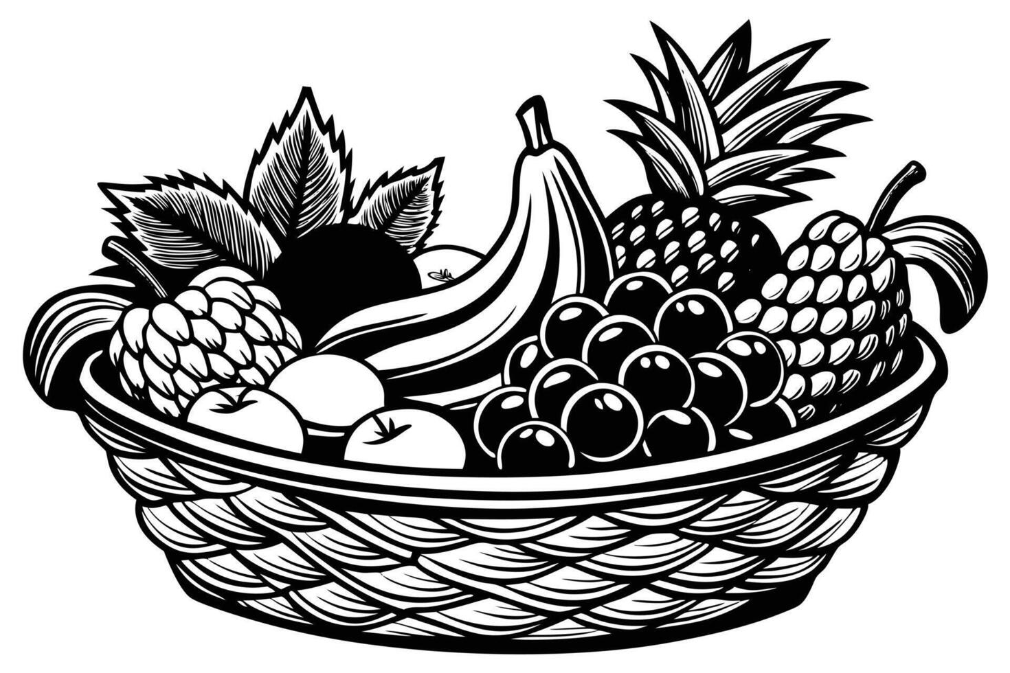 A basket with pineapple, bananas, grapes, and apples isolated on white vector