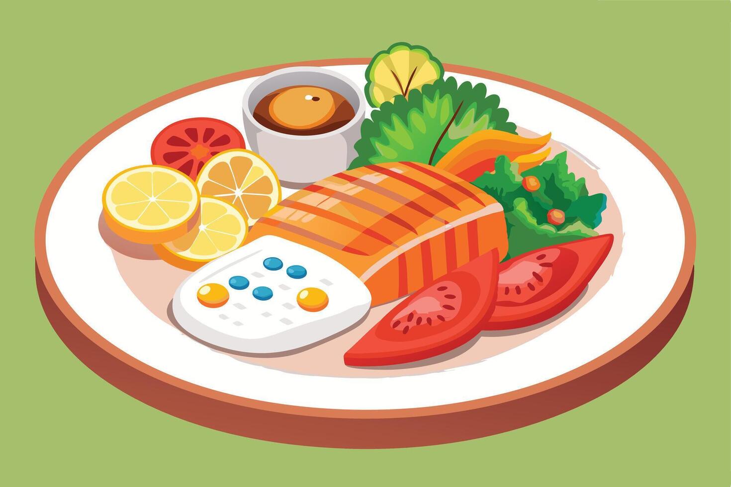 A grilled salmon with lemon and salad on a plate illustration vector