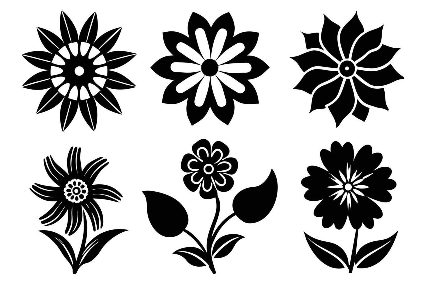 A collection of black and white flower illustrations with various petal designs vector