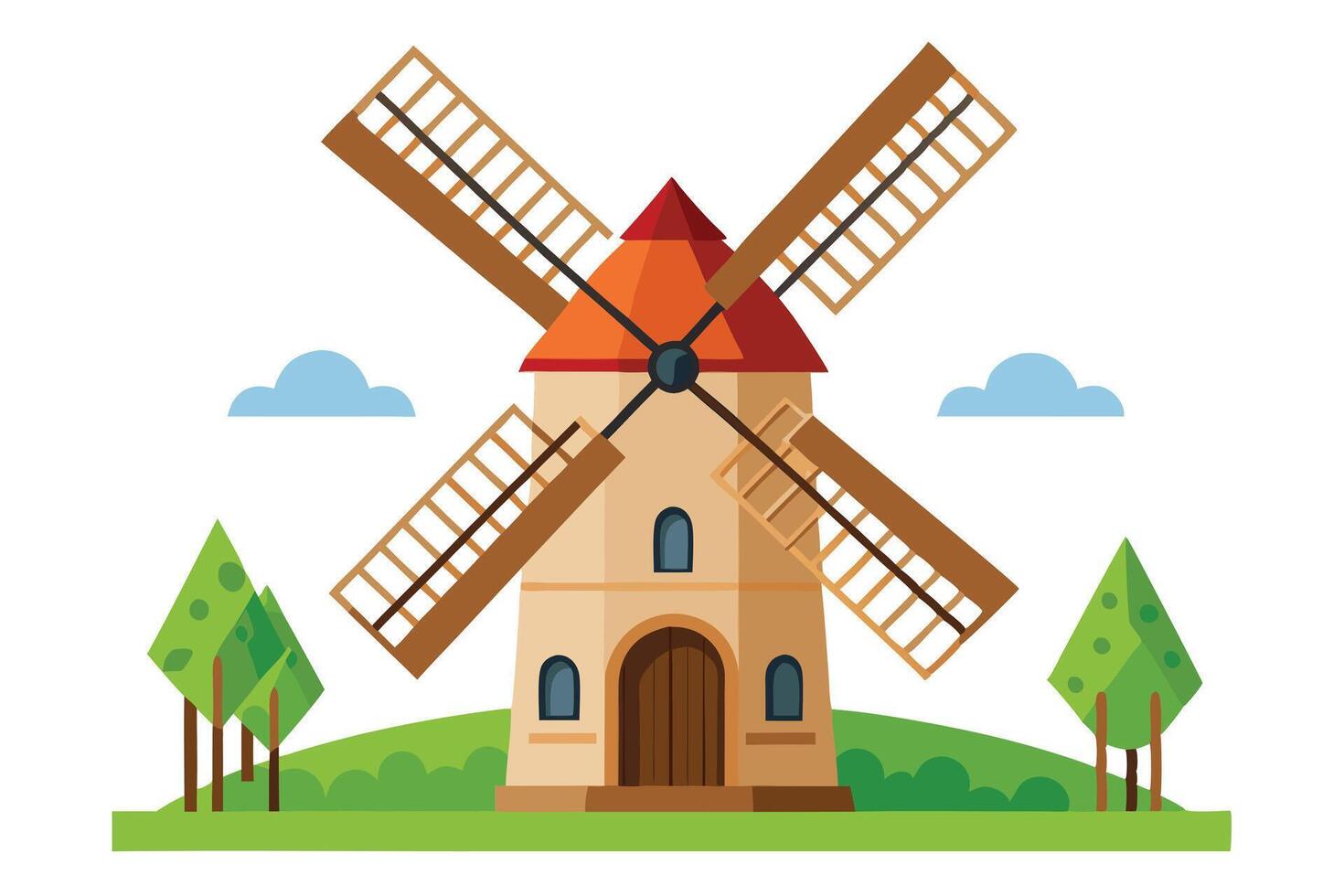 A cartoon windmill with a red roof and brown sails in a green field illustration vector