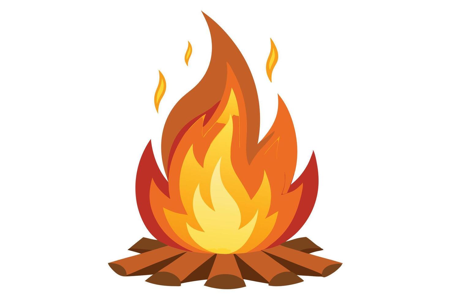 A cartoonish illustration of a campfire with bright flames and wooden logs below vector