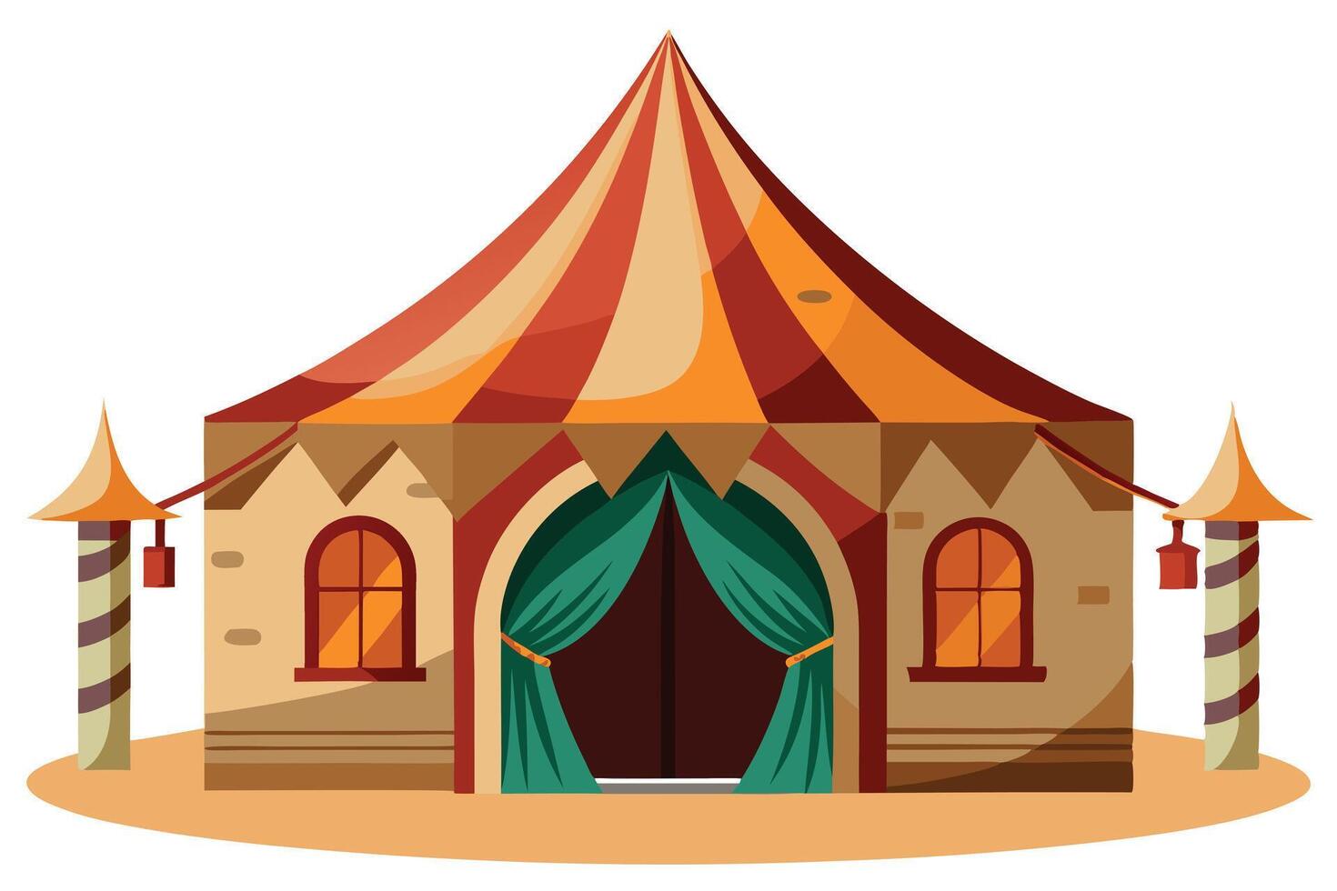 A cartoon circus tent with red and beige stripes and windows vector