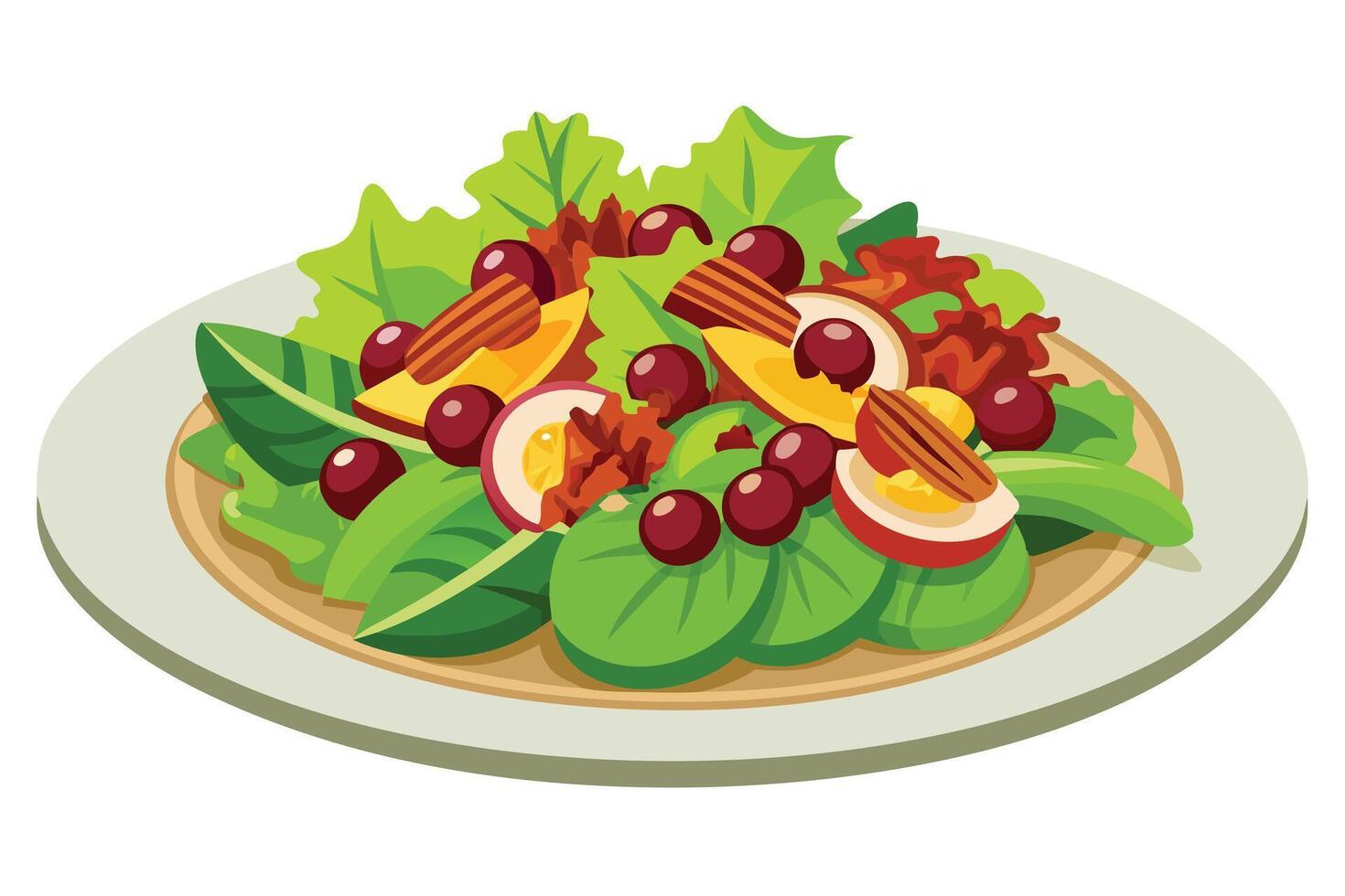 A cartoon salad with tomatoes eggs and leafy greens on a white plate illustration vector
