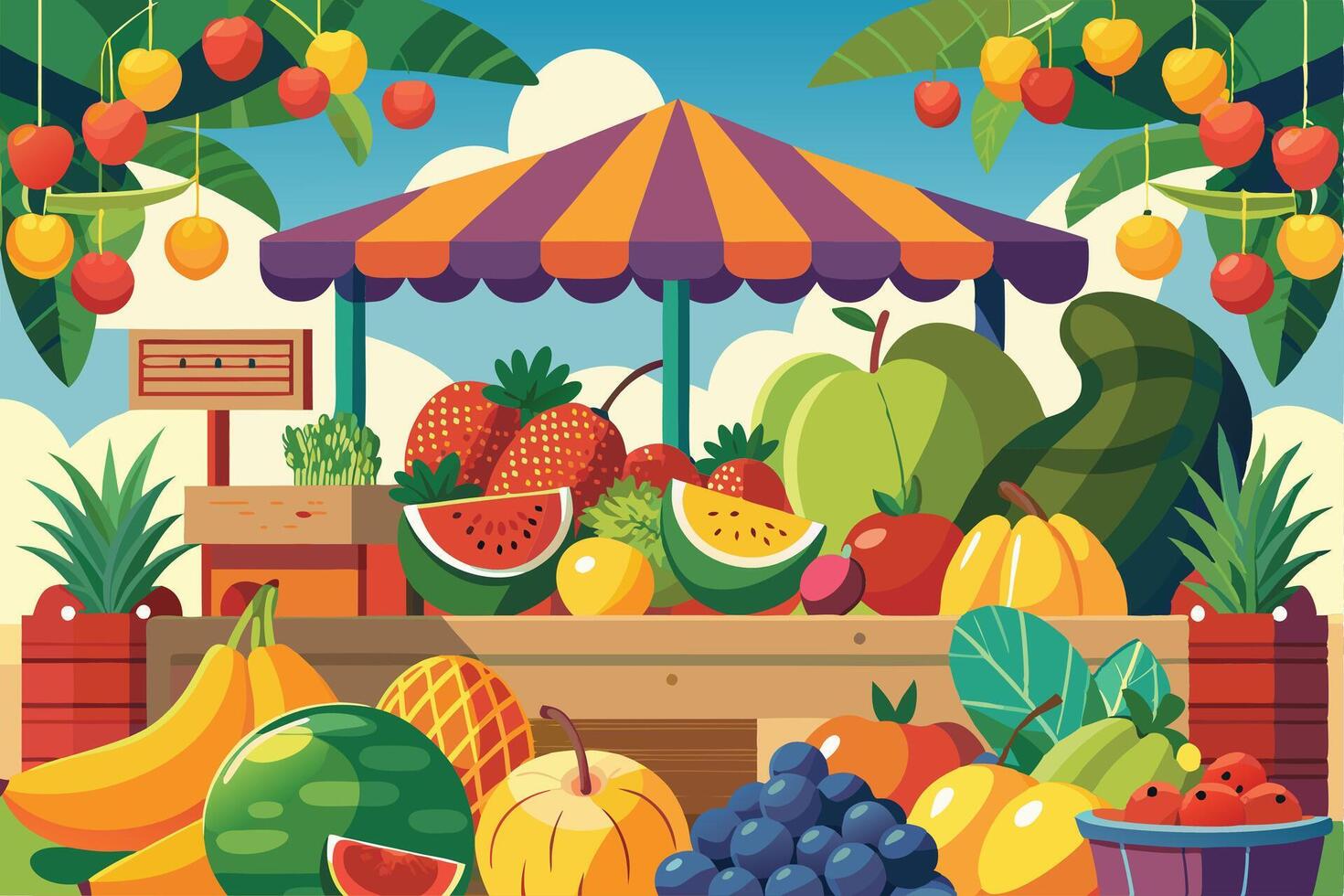 A colorful fruit stand with a striped awning displaying various fruits outdoors vector