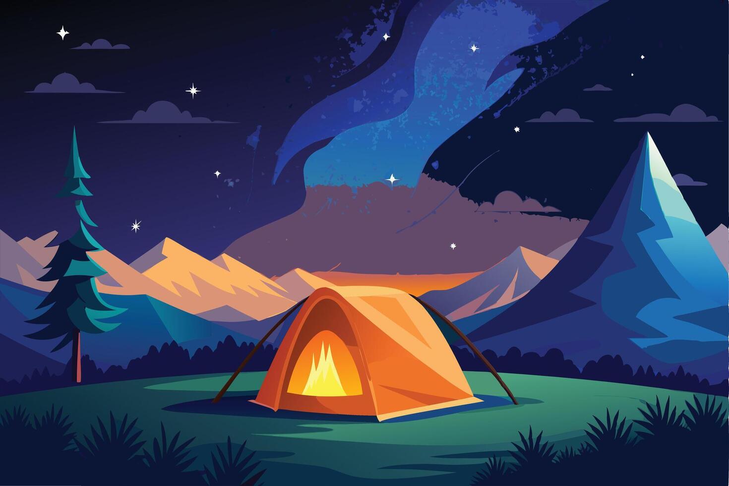 A vibrant illustration of a tent camping scene under a starry night sky landscape vector