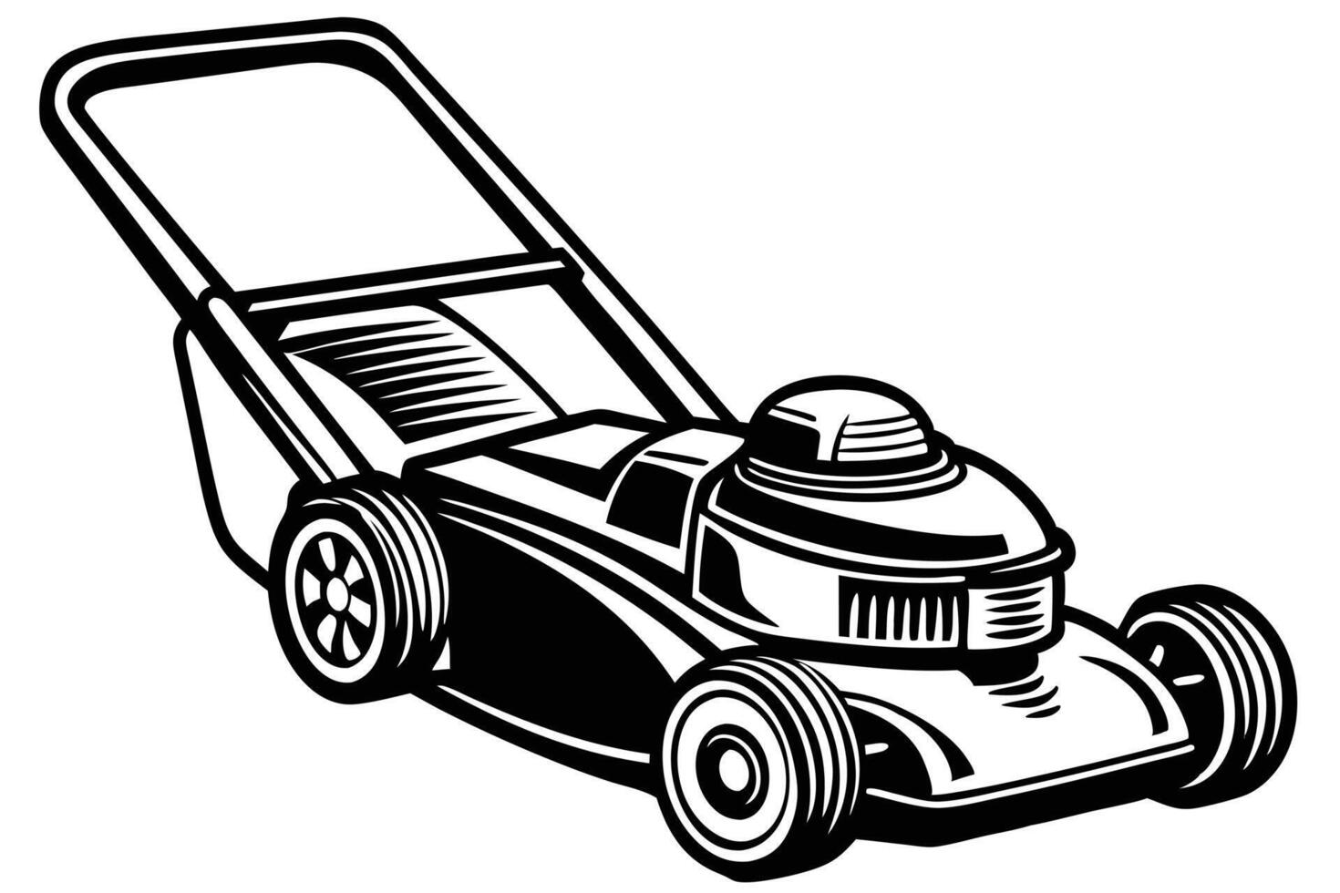 Black and white illustration of a lawnmower isolated on white background vector
