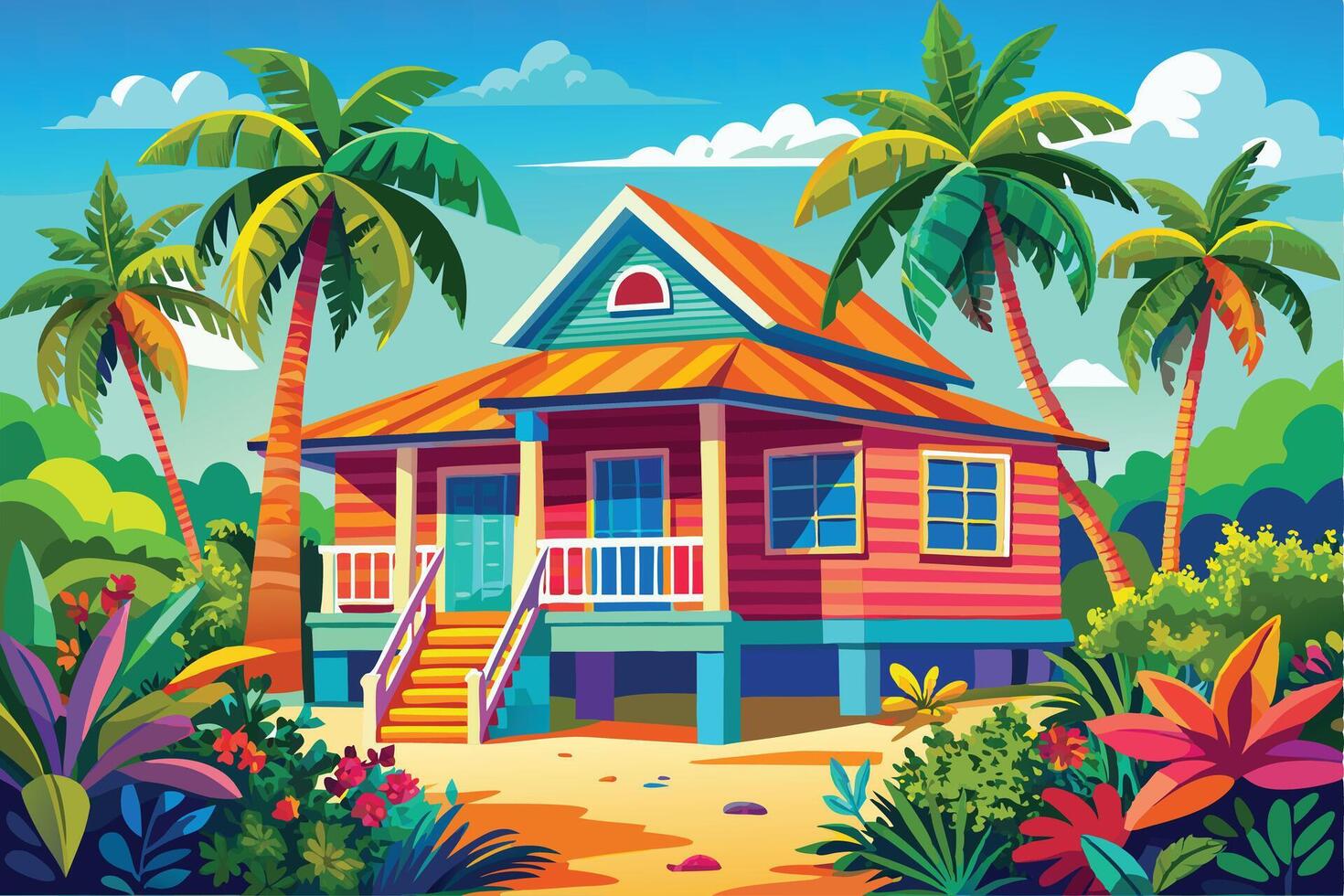 A colorful tropical house with palm trees on a sunny day art vector