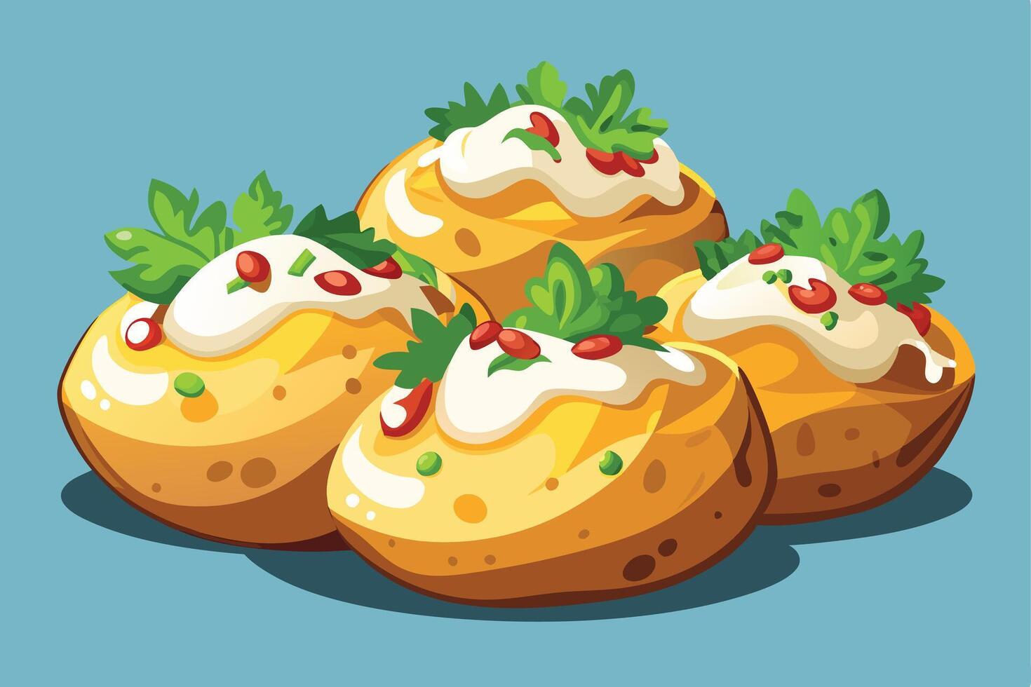 Illustrated potatoes topped with creamy sauce and herbs on a blue background vector