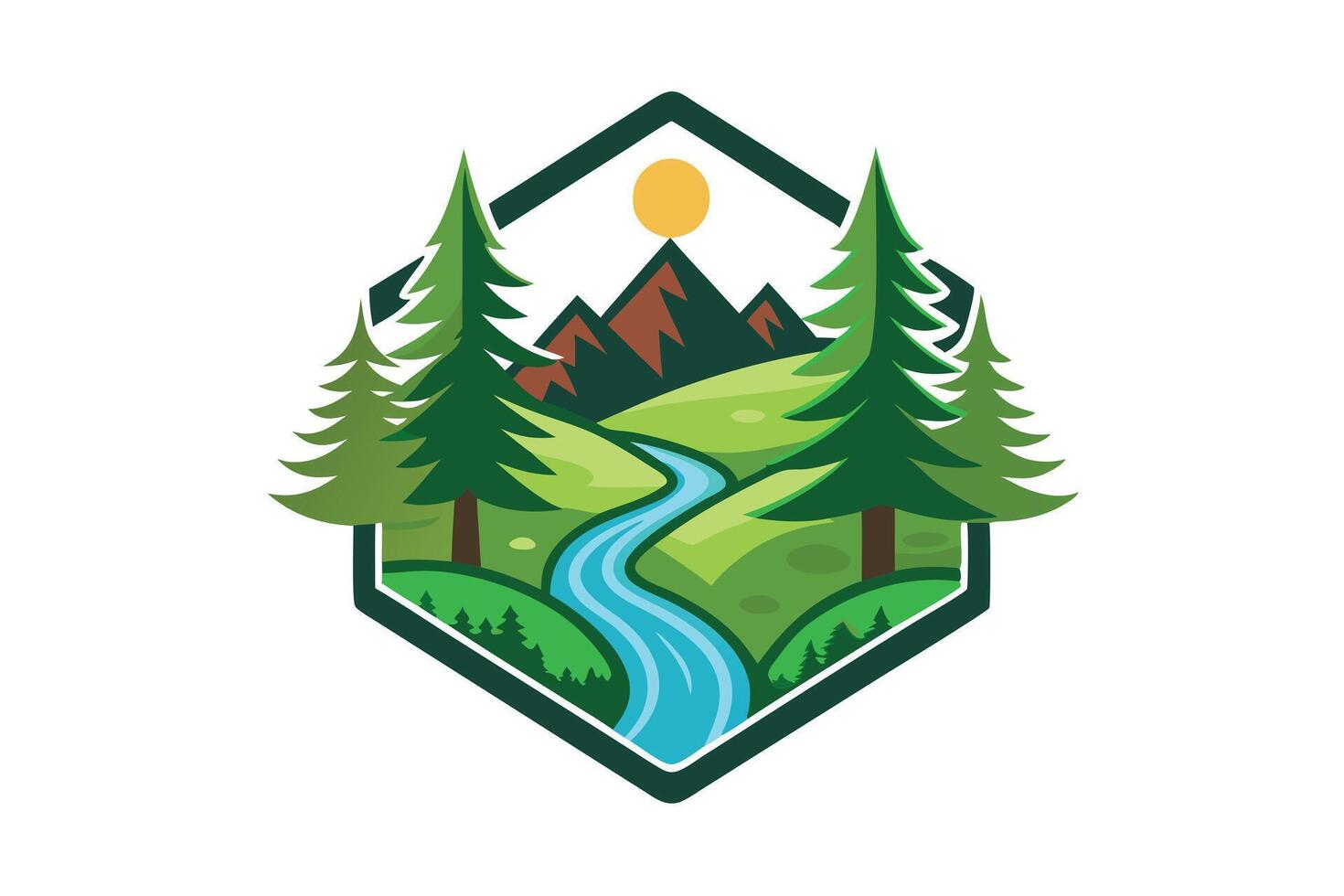 A scenic landscape logo featuring mountains trees and a winding river in a hexagon vector