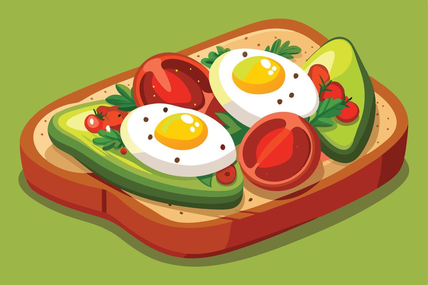 Toast with avocado eggs and tomatoes on green background art vector