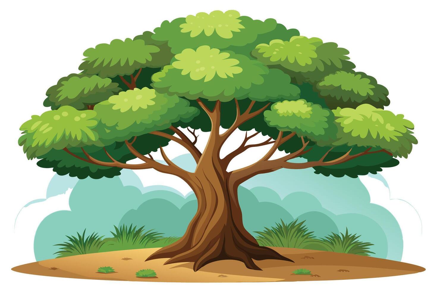 A cartoon illustration of a large tree with green leaves and a brown trunk art vector