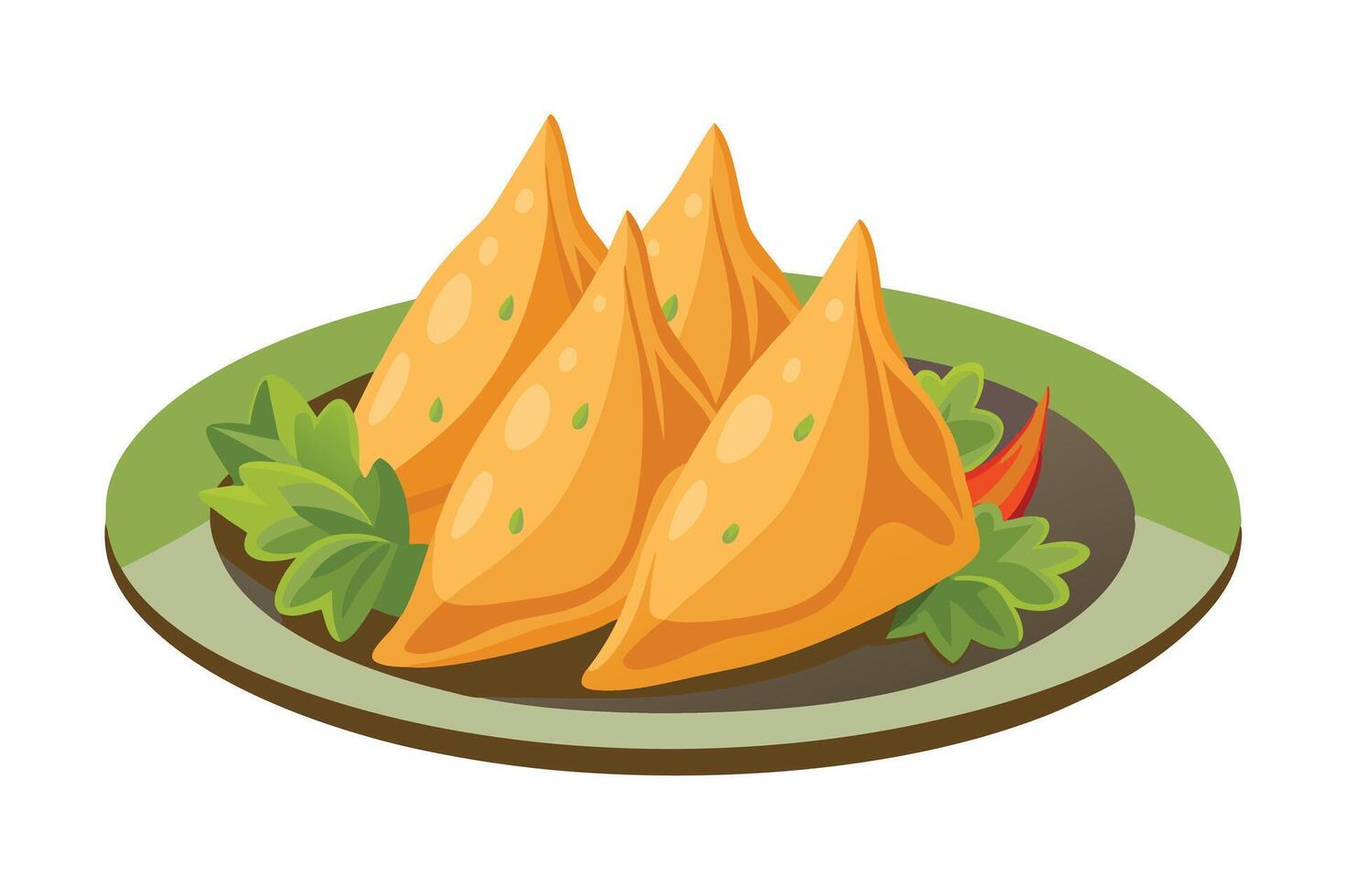 A plate of samosas with green garnish and a red chili pepper on a white background vector